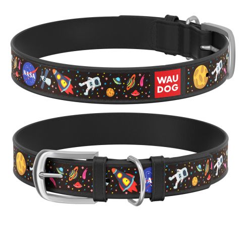 Waudog Genuine Leather NASA Pattern Dog Collar - Black 