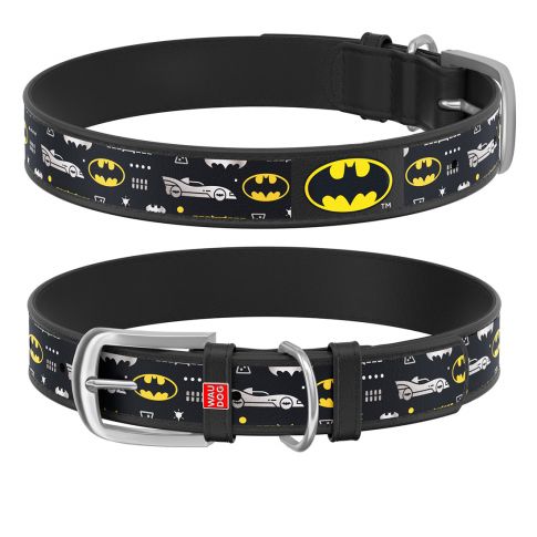 Waudog Genuine Leather Batman Pattern Dog Collar - Black