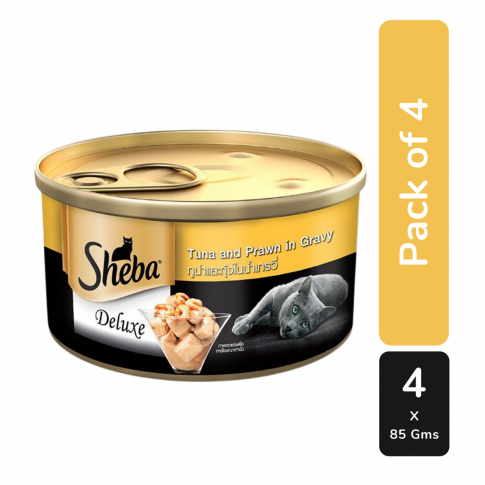Sheba Delux Tuna & Prawn in Gravy Premium Wet Cat Food - 85 gm (Pack Of 4)