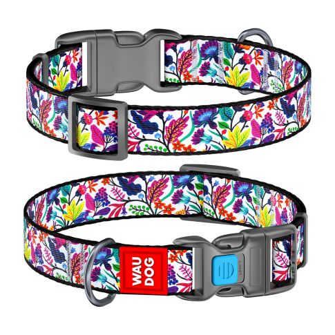 Waudog Magic Flowers Pattern Plastic Fastex Nylon Dog Collar