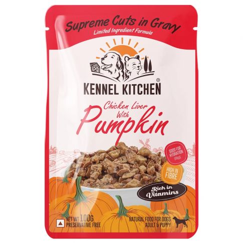 Kennel Kitchen Supreme Cuts in Gravy Chicken Liver Recipe with Pumpkin Puppy/Adult Wet Dog Food - 100 gm (Pack Of 12)