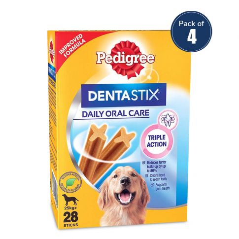 Pedigree Dentastix Large Breed (25 kg+) Oral Care Dog Dental Treat Weekly Pack (7 Sticks) - 270 gm (Pack Of 4)