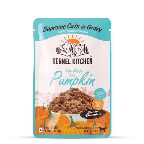 Buy Kennel Kitchen Supreme Cuts in Gravy Fish Recipe with Pumpkin Puppy Adult Wet Dog Food 100 gm