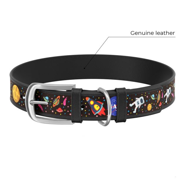 Waudog Genuine Leather NASA Pattern Dog Collar Black (12 mm) XS (21-29 cm)