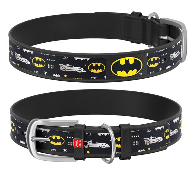 Waudog Genuine Leather Batman Pattern Dog Collar Black (12 mm) XS (21-29 cm)