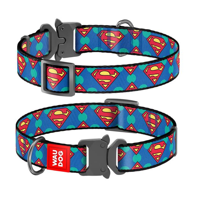 Waudog Superman Logo Metal Fastex Nylon Dog Collar (15 mm) XSmall (23-35 cm)