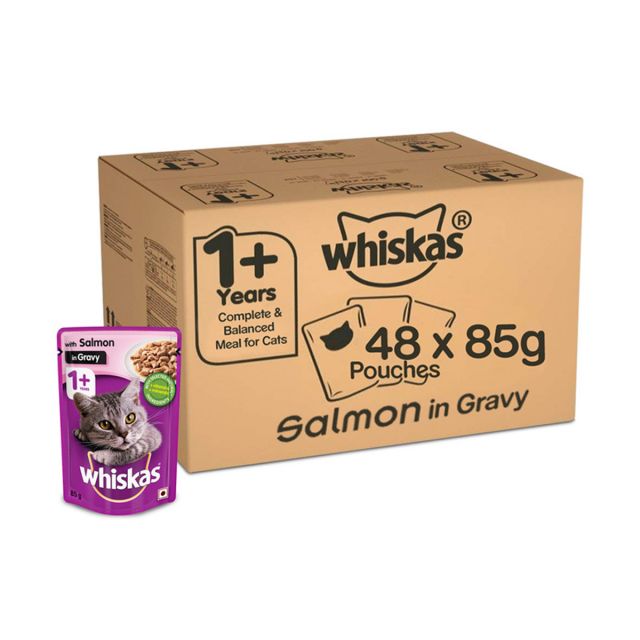 Whiskas Adult (+1 year) Salmon in Gravy Wet Cat Food - 85 gm (Pack Of 48)