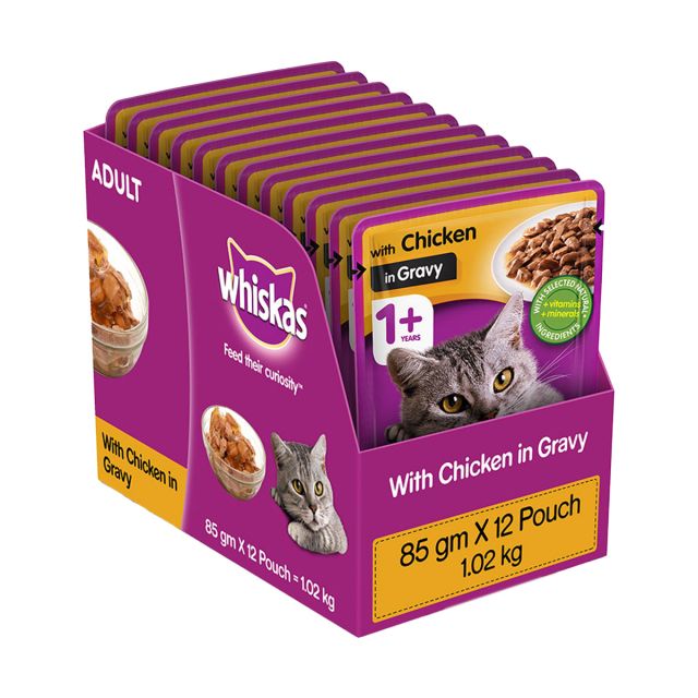 Whiskas Adult (+1 year) Chicken in Gravy Wet Cat Food - 85 gm (Pack Of 12)