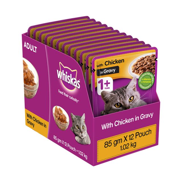 Whiskas Adult (+1 year) Chicken in Gravy Wet Cat Food - 85 gm (Pack Of 12)