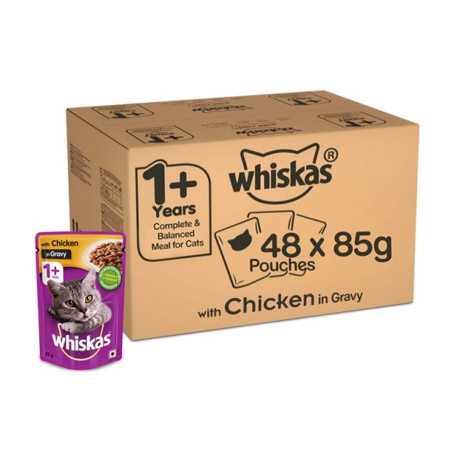 Whiskas Adult (+1 year) Chicken in Gravy Wet Cat Food - 85 gm (Pack Of 48)