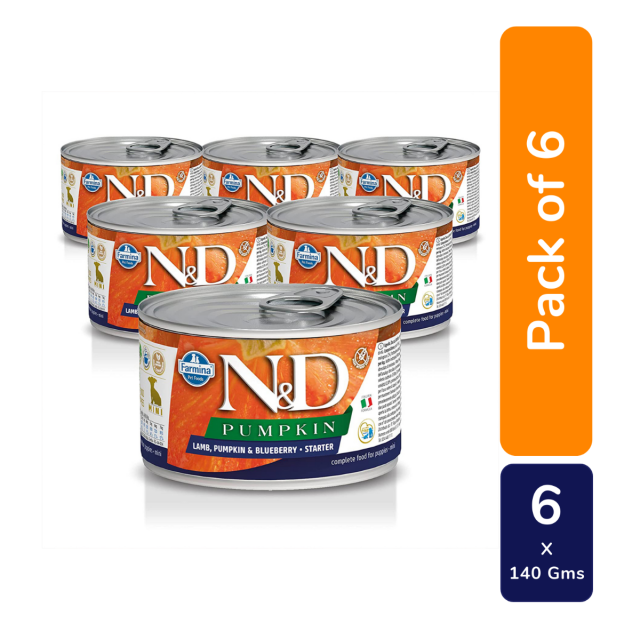 Farmina N&D Grain Free Pumpkin Lamb & Blueberry Mini Breed Starter Wet Dog Food - 140 gm (6 Cans)