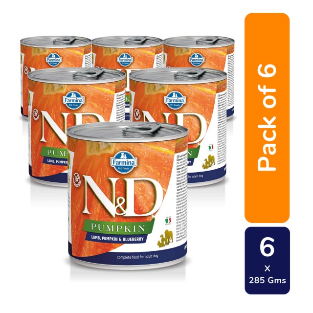 Farmina N&D Grain Free Pumpkin Lamb & Blueberry Medium & Maxi Breed Adult Wet Dog Food - 285 gm (6 Cans)