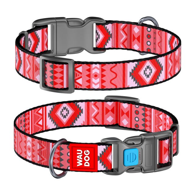 Waudog Etno Red Pattern Plastic Fastex Nylon Dog Collar