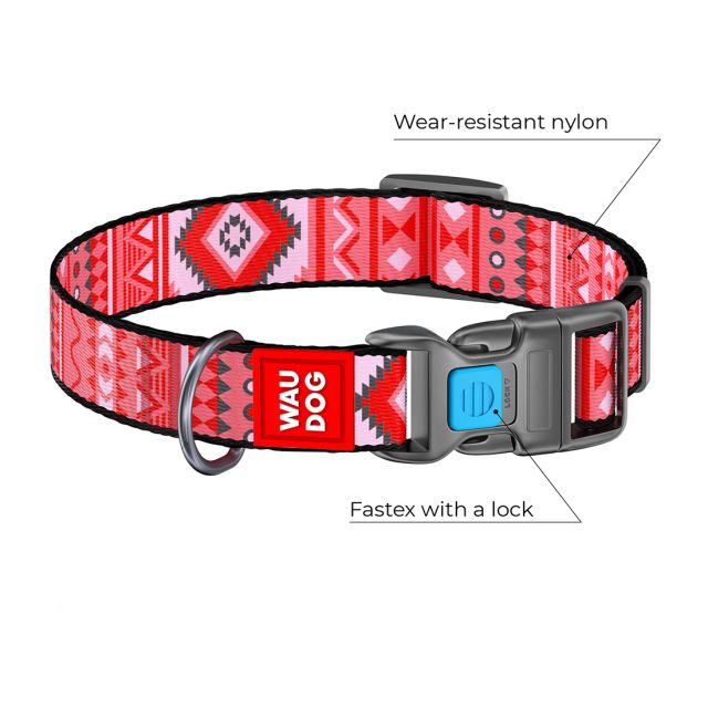 Waudog Etno Red Pattern Plastic Fastex Nylon Dog Collar (15 mm) XSmall (23-35 cm)