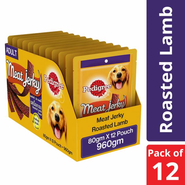 Pedigree Meat Jerky Roasted Lamb Adult Dog Meaty Treat - 80 gm (Pack Of 12)