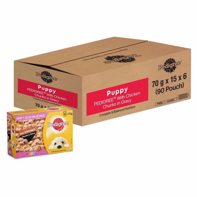 Pedigree Chicken Chunks in Gravy Puppy Wet Dog Food - 70 gm Pouch (Pack Of 90)