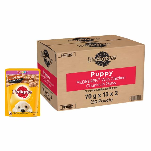 Pedigree Chicken Chunks in Gravy Puppy Wet Dog Food - 70 gm Pouch (Pack Of 30)