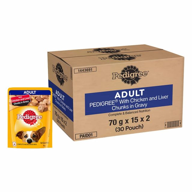 Pedigree Chicken & Liver Chunks in Gravy Adult Wet Dog Food - 70 gm Pouch (Pack Of 30)