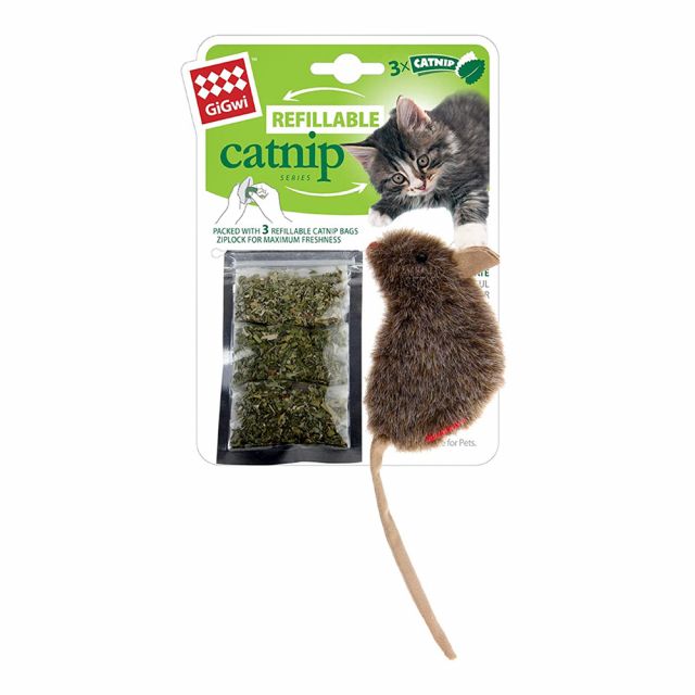 GiGwi Mouse Refillable Catnip Cat Toy with 3 catnip Teabags