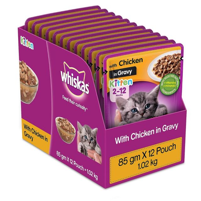 Whiskas Chicken in Gravy Kitten (2-12 months) Wet Cat Food - 85 gm (Pack Of 12)