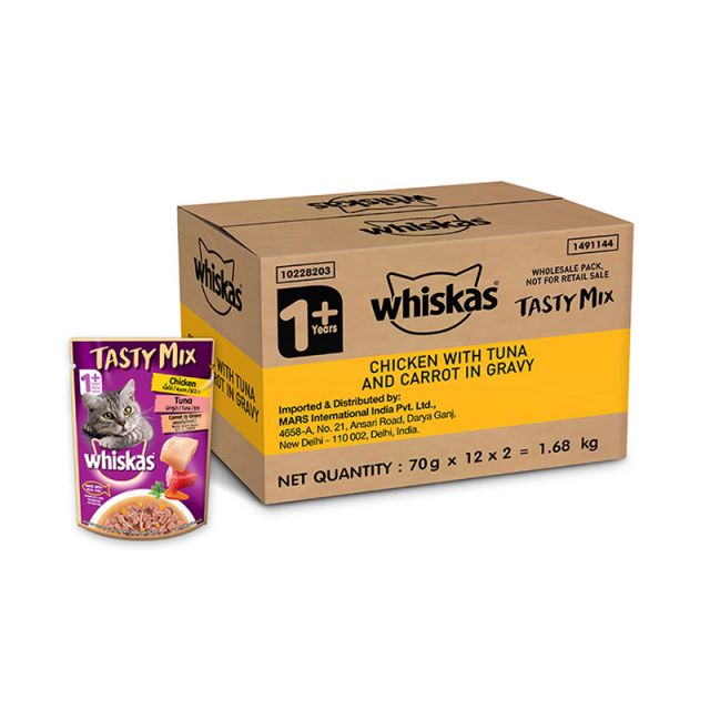 Whiskas Tasty Mix Chicken With Tuna And Carrot in Gravy Adult (1+ year) Wet Cat Food - Pack of 24