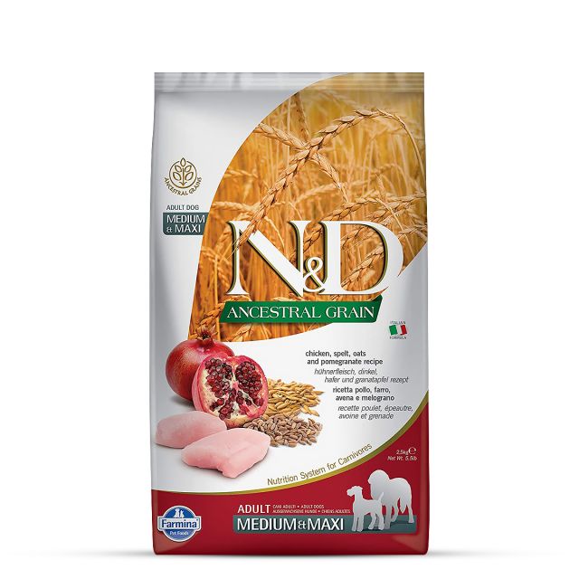 Farmina N&amp;D Ancestral Grain Selection Chicken &amp; Pomegranate Medium &amp; Maxi Breed Adult Dry Dog Food - 12 + 3 kg