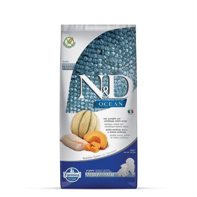 FARMINA N&D Ocean COD Pumpkin & Cantaloupe Melon Puppy Dry Dog Food - Medium & Maxi Breed - 12 kg