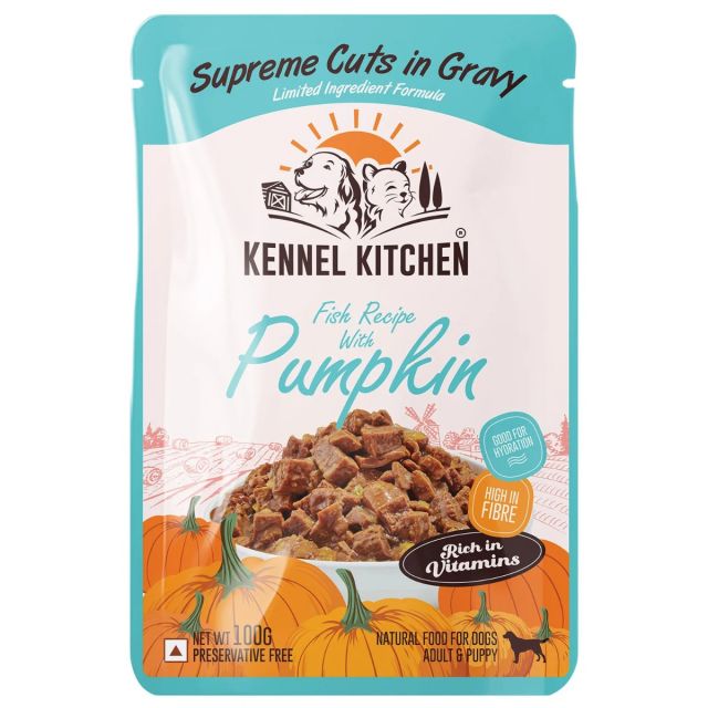 Kennel Kitchen Supreme Cuts in Gravy Fish Recipe with Pumpkin Puppy/Adult Wet Dog Food - 100 gm (Pack Of 12)