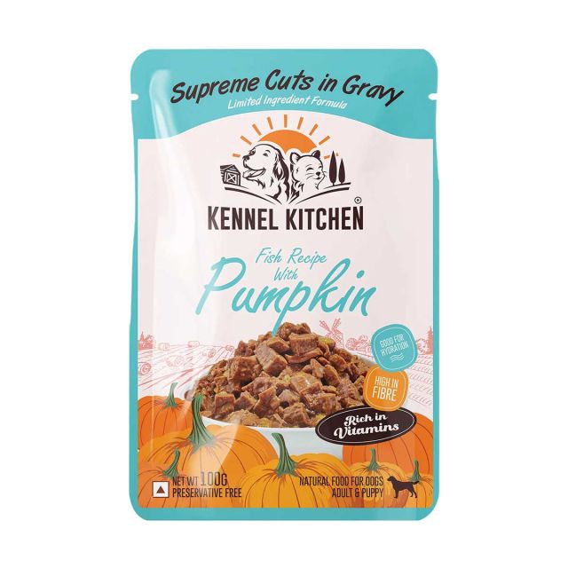 Kennel Kitchen Supreme Cuts in Gravy Fish Recipe with Pumpkin Puppy/Adult Wet Dog Food - 100 gm