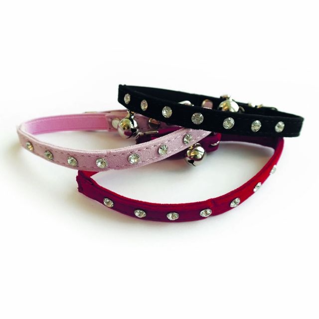 M-Pets Diamonds Semi-Leather (with Bell & Elastic) Cat Collar - Red
