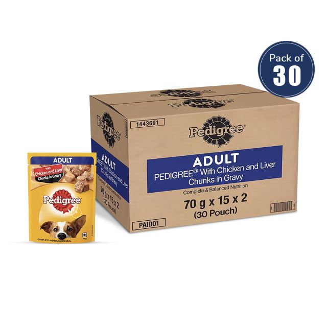 Pedigree Chicken & Liver Chunks in Gravy Adult Wet Dog Food - 70 gm Pouch (Pack Of 30)