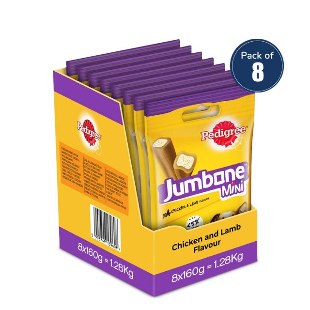 Pedigree Jumbone Mini Adult Dog Treat, Chicken & Lamb – 160g Pack (4 Treats) Pack of 8