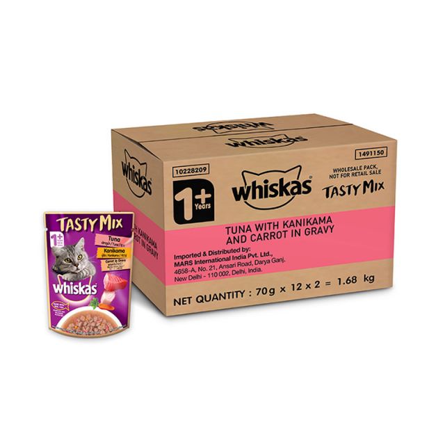 Whiskas Tasty Mix Tuna with Kanikama & Carrot in Gravy Adult (1+ year) Wet Cat Food - 70 gm - Pack of 24