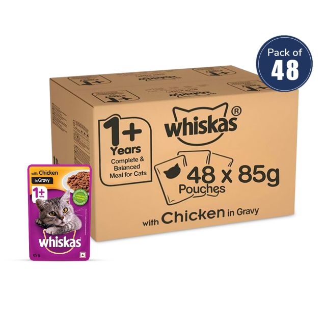 Whiskas Adult (+1 year) Chicken in Gravy Wet Cat Food - 85 gm (Pack Of 48)