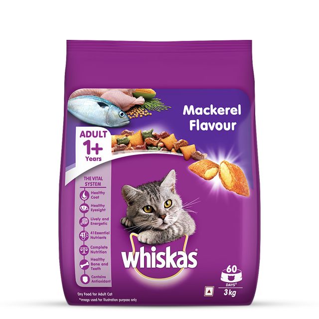 Whiskas Adult (+1 year) Mackerel Flavour Dry Cat Food - 3 kg