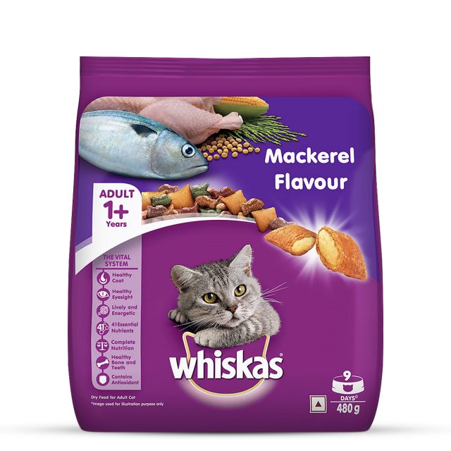 Whiskas Adult (1+ year) Mackerel Dry Cat Food - 480 gm