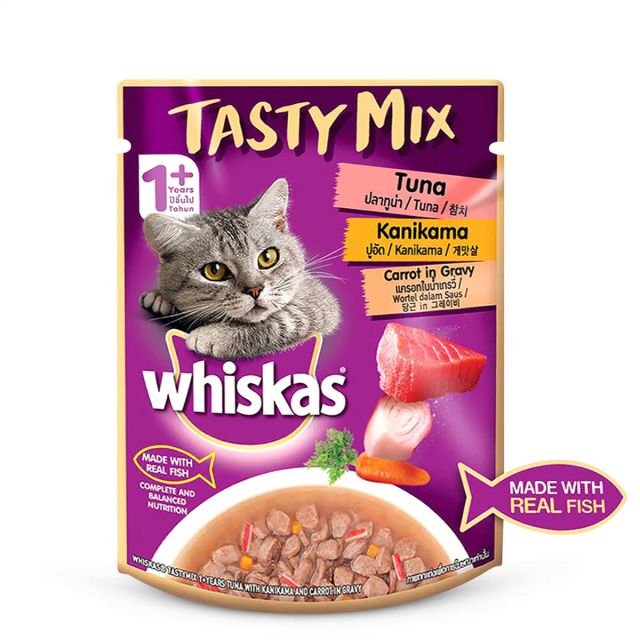 Whiskas Tasty Mix Tuna with Kanikama & Carrot in Gravy Adult (1+ year) Wet Cat Food - 70 gm Pouch