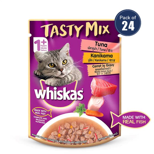 Whiskas Tasty Mix Tuna with Kanikama & Carrot in Gravy Adult (1+ year) Wet Cat Food - 70 gm - Pack of 24