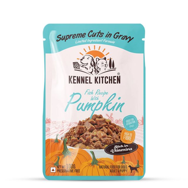 Kennel Kitchen Supreme Cuts in Gravy Fish Recipe with Pumpkin Puppy/Adult Wet Dog Food - 100 gm
