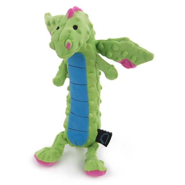 Godog Dragons Skinny With Chew Guard Technology Durable Plush Squeaker Dog Toy Green - Large